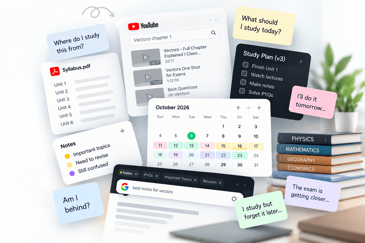 A clutter of videos, plans, calendars, notes, and study tabs