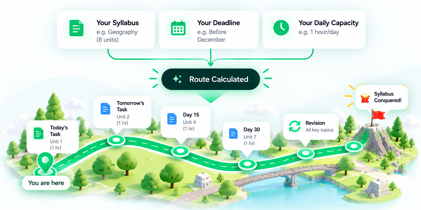 Syllabus, deadline, and daily capacity turning into a calculated study route